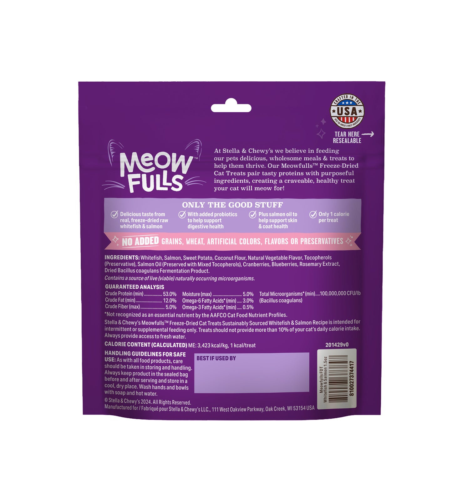Stella and Chewy’s Meowfulls Freeze Dried Cat Treats Whitefish and Salmon 1.5oz
