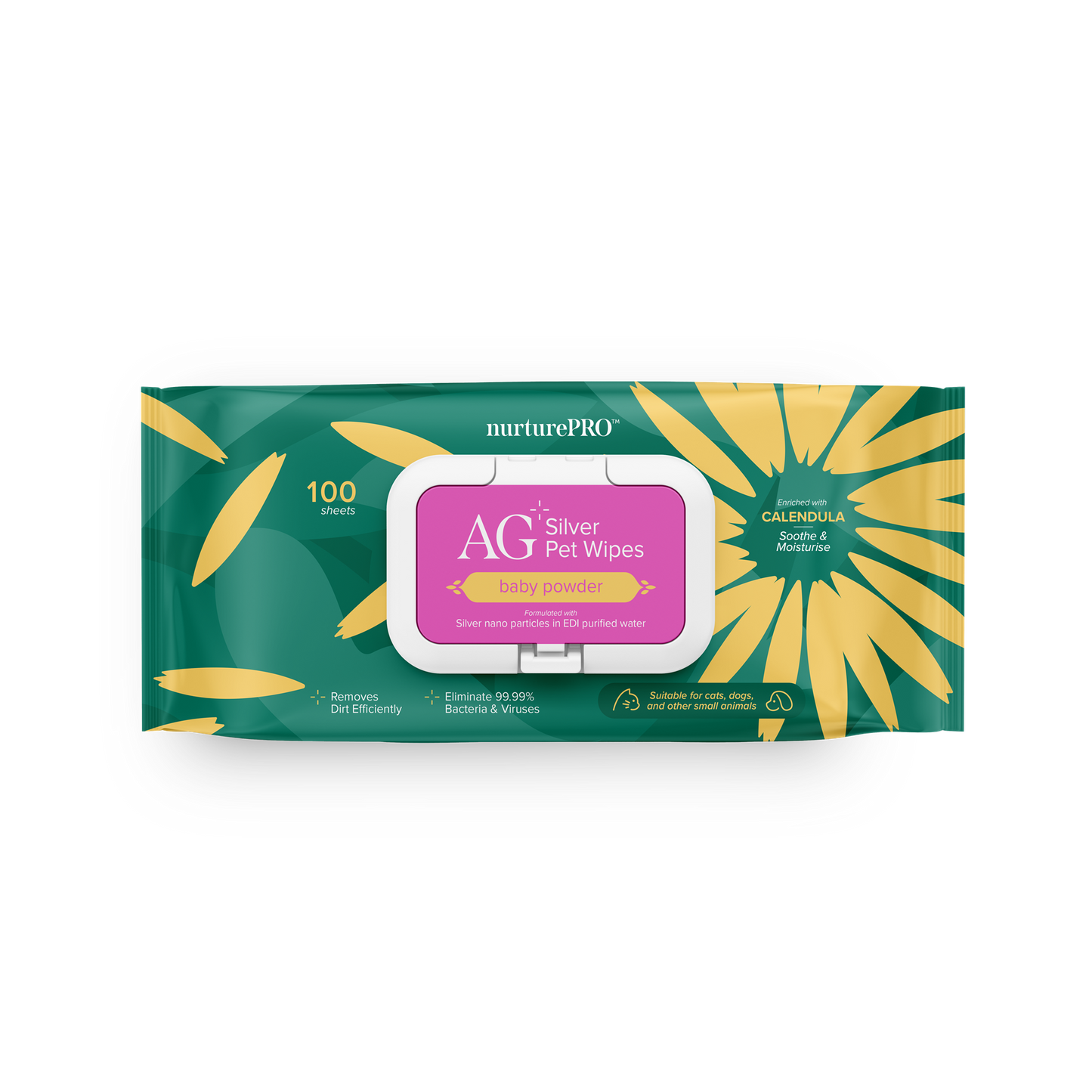 Nurture Pro AG+ Silver Pet Wipes Baby Powder (100 Sheets) - 6pack