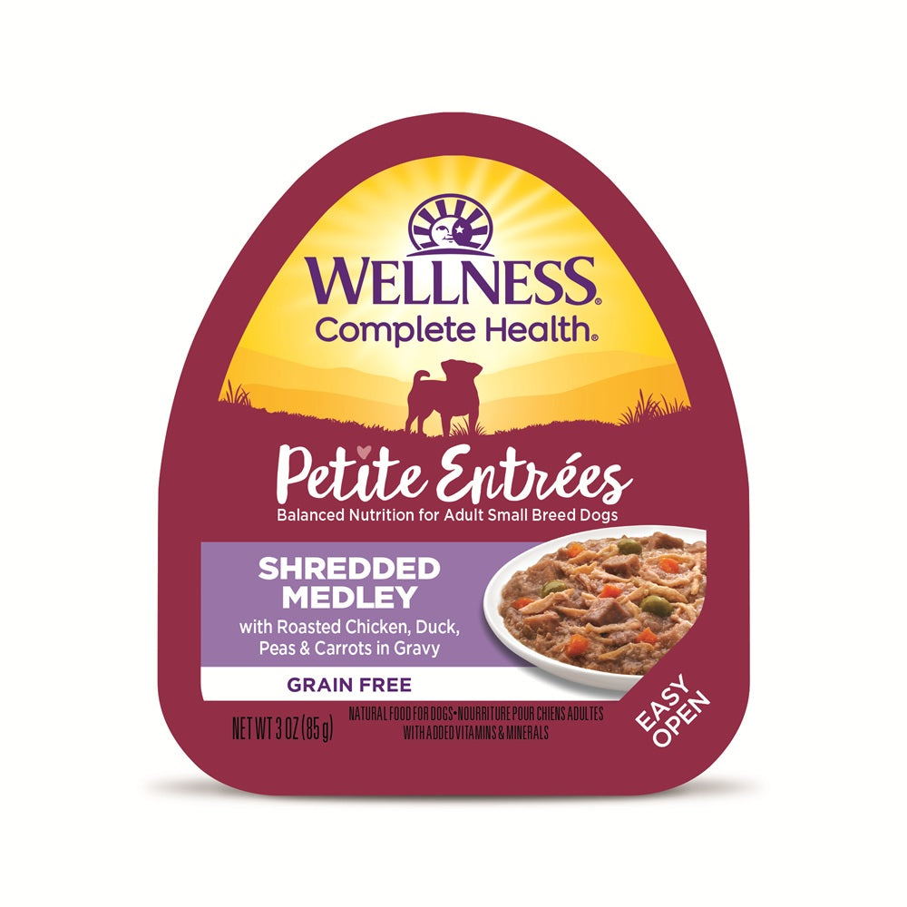 Wellness Petite Entrees Shredded Medley Roasted Chicken & Duck with Peas & Carrots Grain Free Dog Food 85g