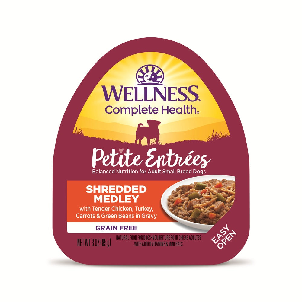 Wellness Petite Entrees Shredded Medley Tender Chicken & Turkey with Carrots & Green Beans Grain Free Dog Food 85g
