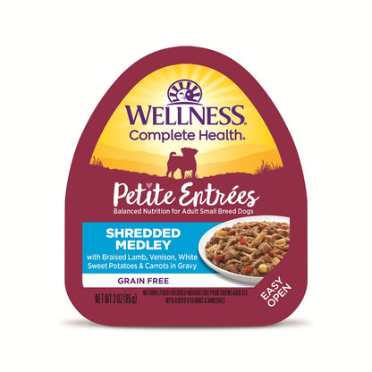 Wellness Petite Entrees Shredded Medley Braised Lamb & Venison with White Sweet Potatoes & Carrots Grain Free Dog Food 85g