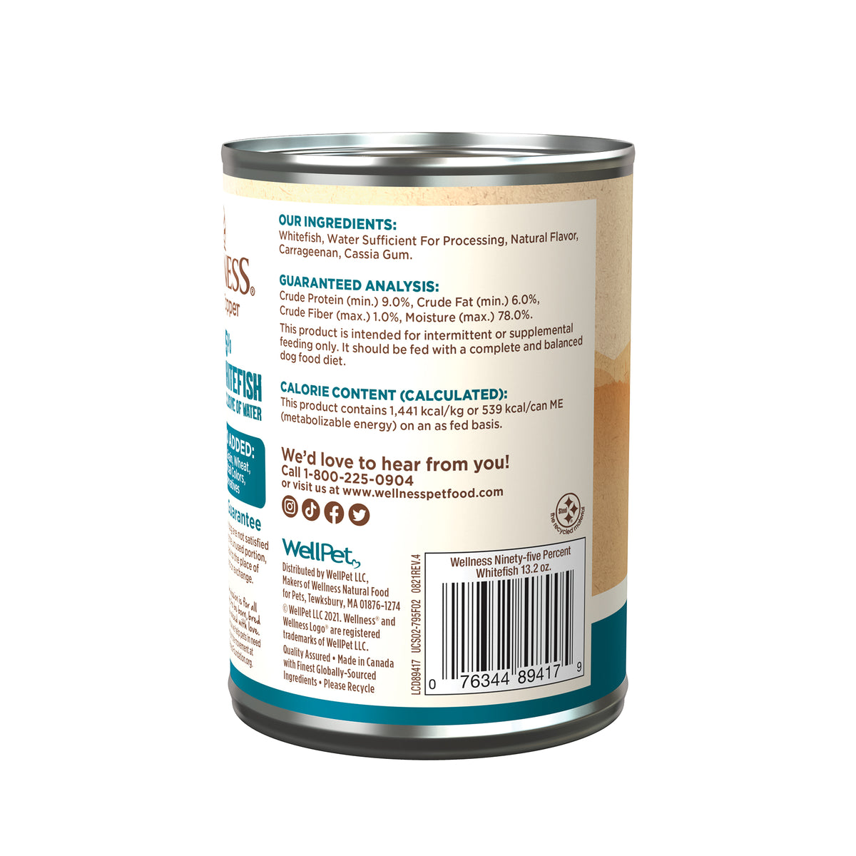 Wellness 95% Whitefish Grain Free Wet Dog Food 13.2oz | Pate Mixer & Snack