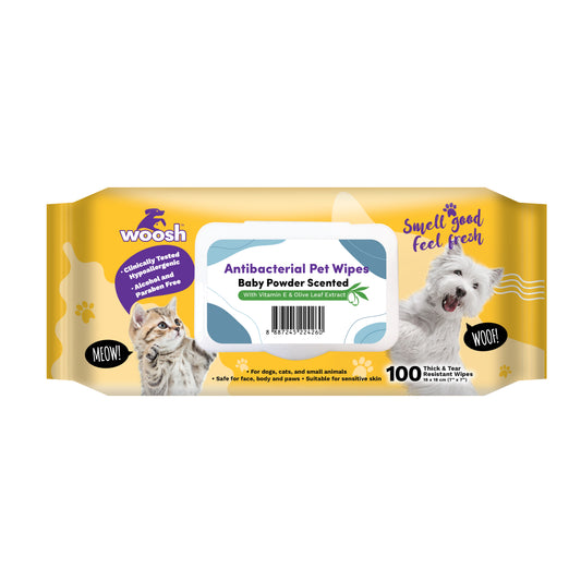 Woosh Baby Powder Antibacterial Pet Wipes 100pcs for Dogs Cats & Small Animals