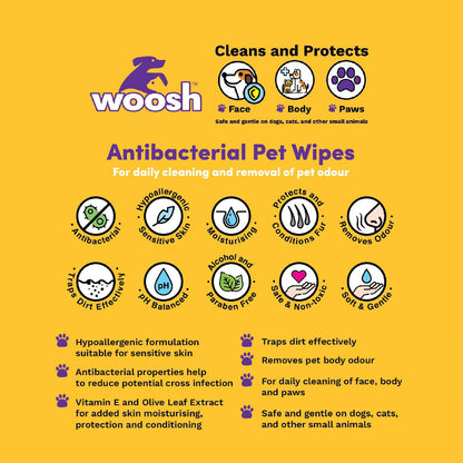 Woosh Argan Oil Antibacterial Pet Wipes 100pcs for Dogs Cats & Small Animals