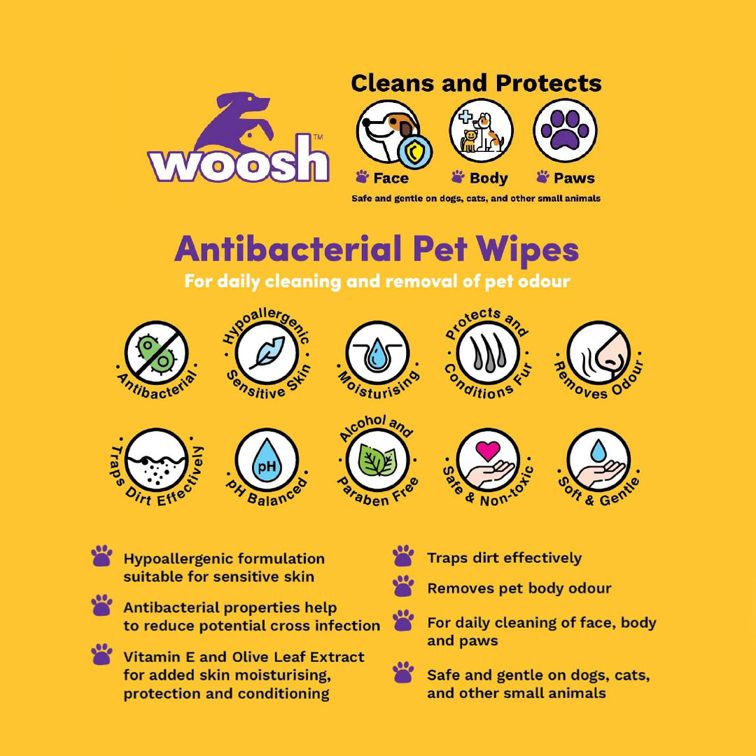 Woosh Baby Powder Antibacterial Pet Wipes 100pcs for Dogs Cats & Small Animals