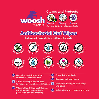 Woosh Hypoallergenic Fragrance Free Antibacterial Cat Wipes 100pcs