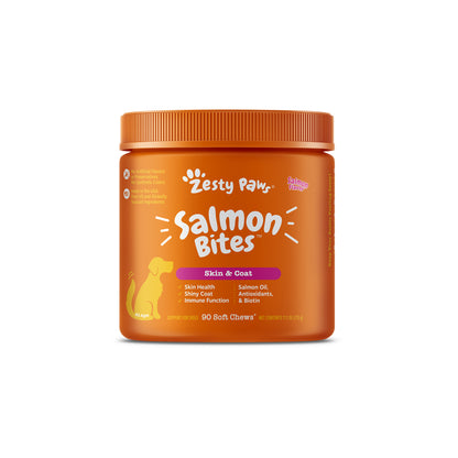 Zesty Paws Salmon Bites Dog Supplement Chews 90ct for Skin & Coat Support